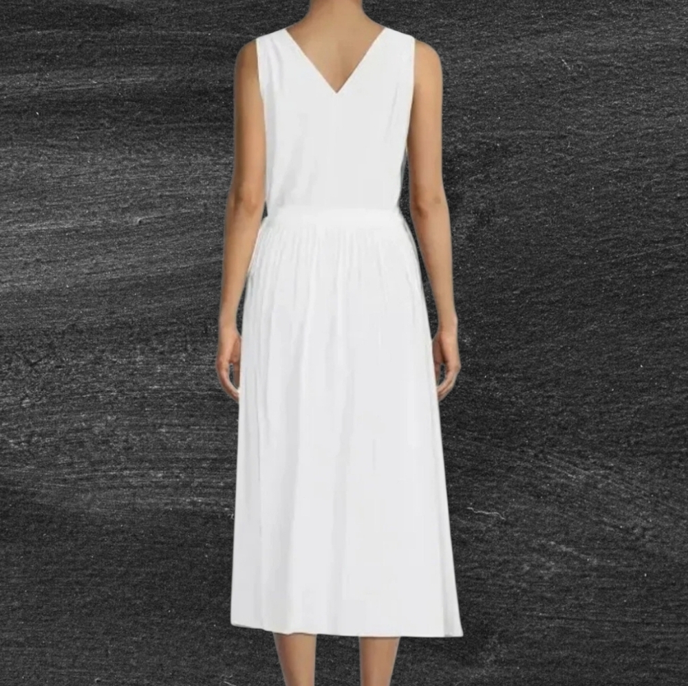 NWT VINCE Sleeveless V-Neck Wrap Side Tie Pleated Midi Dress Optic White XL - Picture 3 of 12